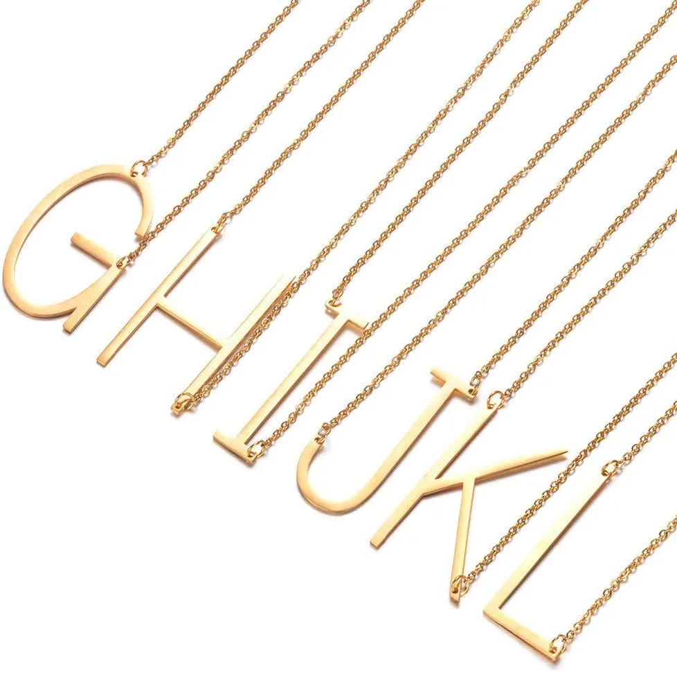Large Sideways Initial Necklace for Women Big Capital Letter Necklaces Minimalist Stainless Steel 18K Gold Monogram Letter Necklace, Gift Ideas (26 Alphabet)