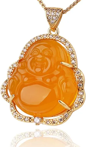 Laughing Buddha Necklace Bling Buddha Pendant with 18K Gold Plated Chain Lucky Buddah Necklaces Jewelry for Men Women
