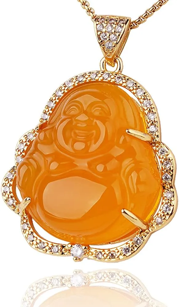 Laughing Buddha Necklace Bling Buddha Pendant with 18K Gold Plated Chain Lucky Buddah Necklaces Jewelry for Men Women