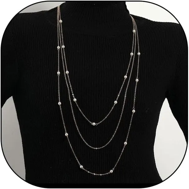 Layered Long Chain Necklace for Women Pearl Beaded Sweater Strand Chain Necklaces Fall Winter Fashion Clothing Accessories