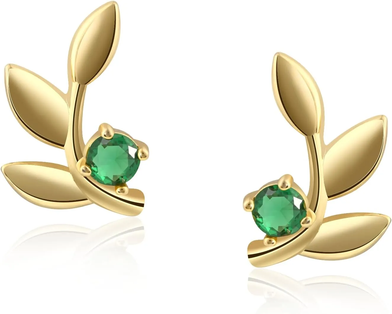 Leaf Emerald Stud Earrings, 14K Gold Plated, Hypoallergenic Birthstone Earrings for Women, Emerald Green Gemstone