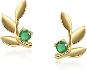 Leaf Emerald Stud Earrings, 14K Gold Plated, Hypoallergenic Birthstone Earrings for Women, Emerald Green Gemstone