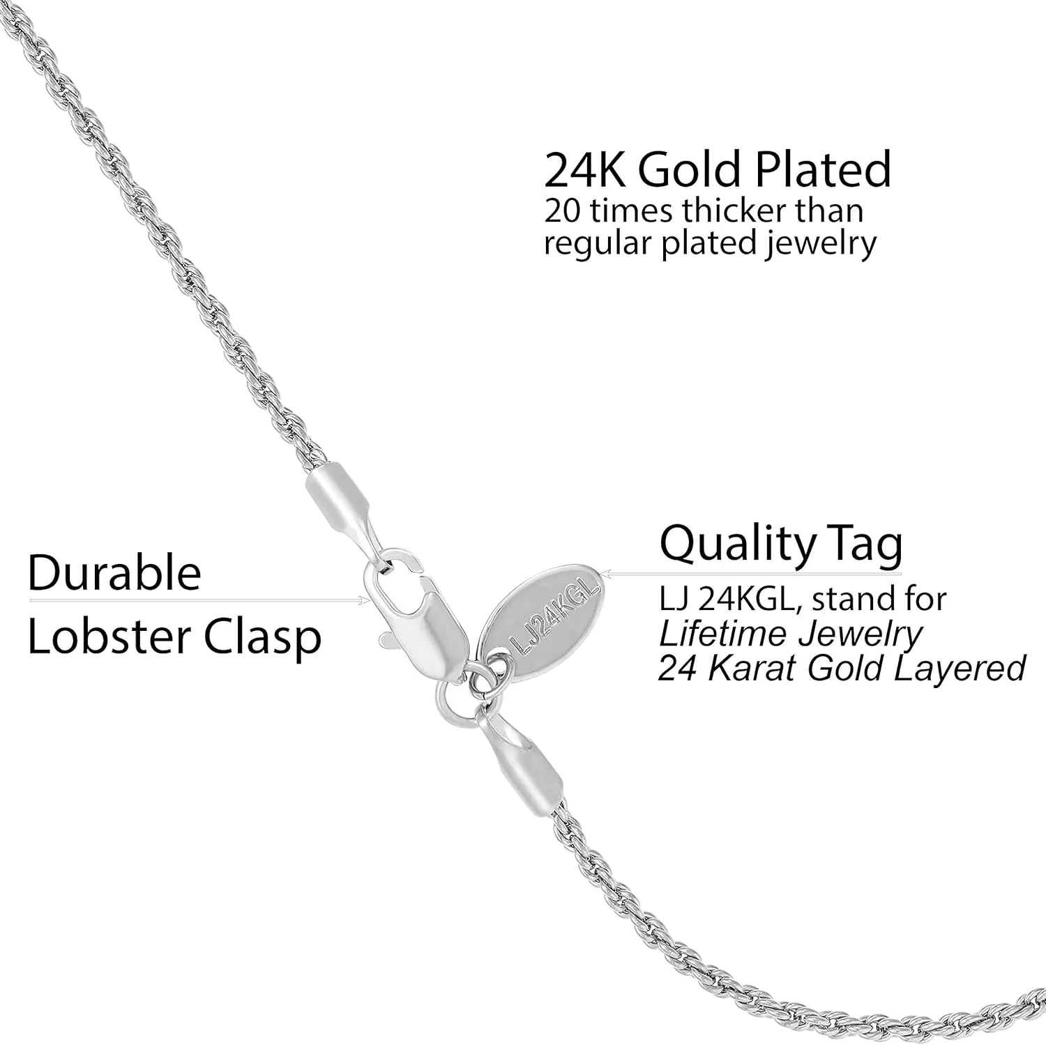 LIFETIME JEWELRY 1mm Rope Chain Bracelet for Women Men Teen 24k Real Gold Plated