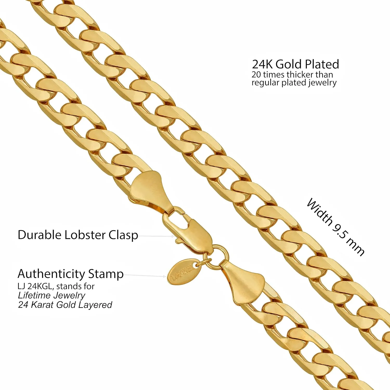 LIFETIME JEWELRY Beveled Cuban Link Curb Chain Necklaces 24k Real Gold Plated (3mm, 6mm & 9.5mm)