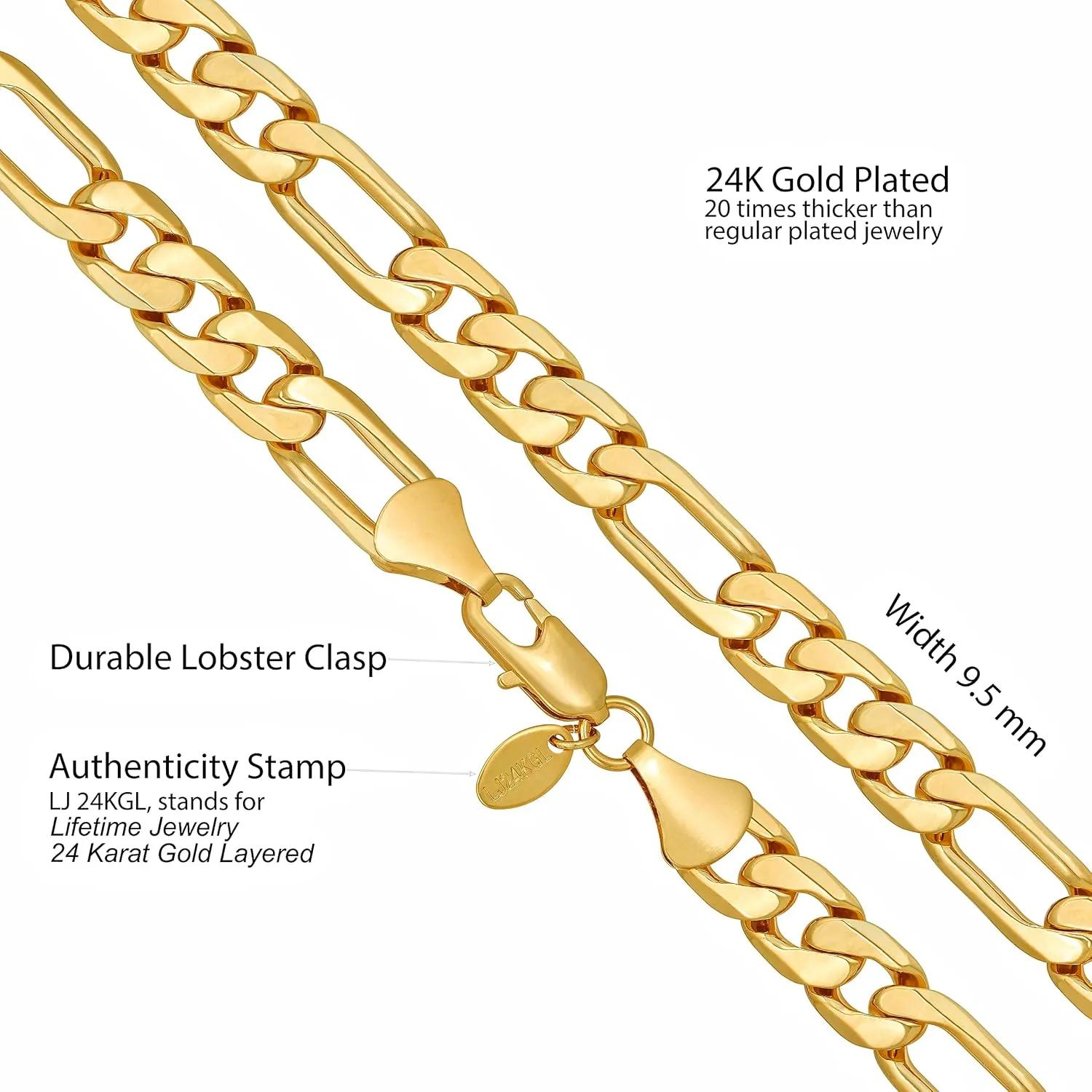 LIFETIME JEWELRY Beveled Figaro Chain Necklaces for Women and Men 24k Real Gold Plated (6.5mm, 8mm, 9.5mm & 11mm)
