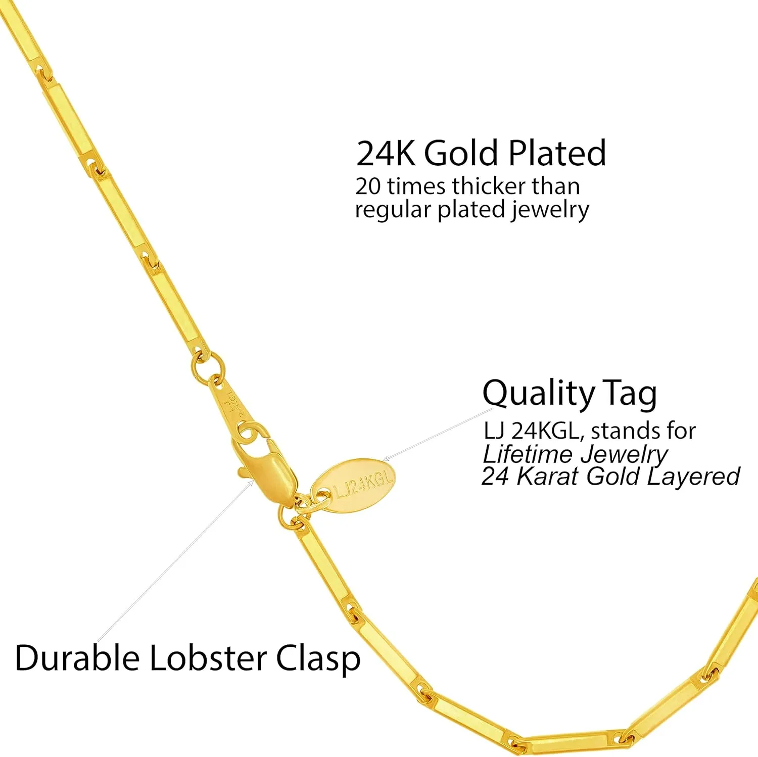 LIFETIME JEWELRY Womens Gold Anklet 2.5mm Bar Link Chain Ankle Bracelet 24k Real Gold Plated