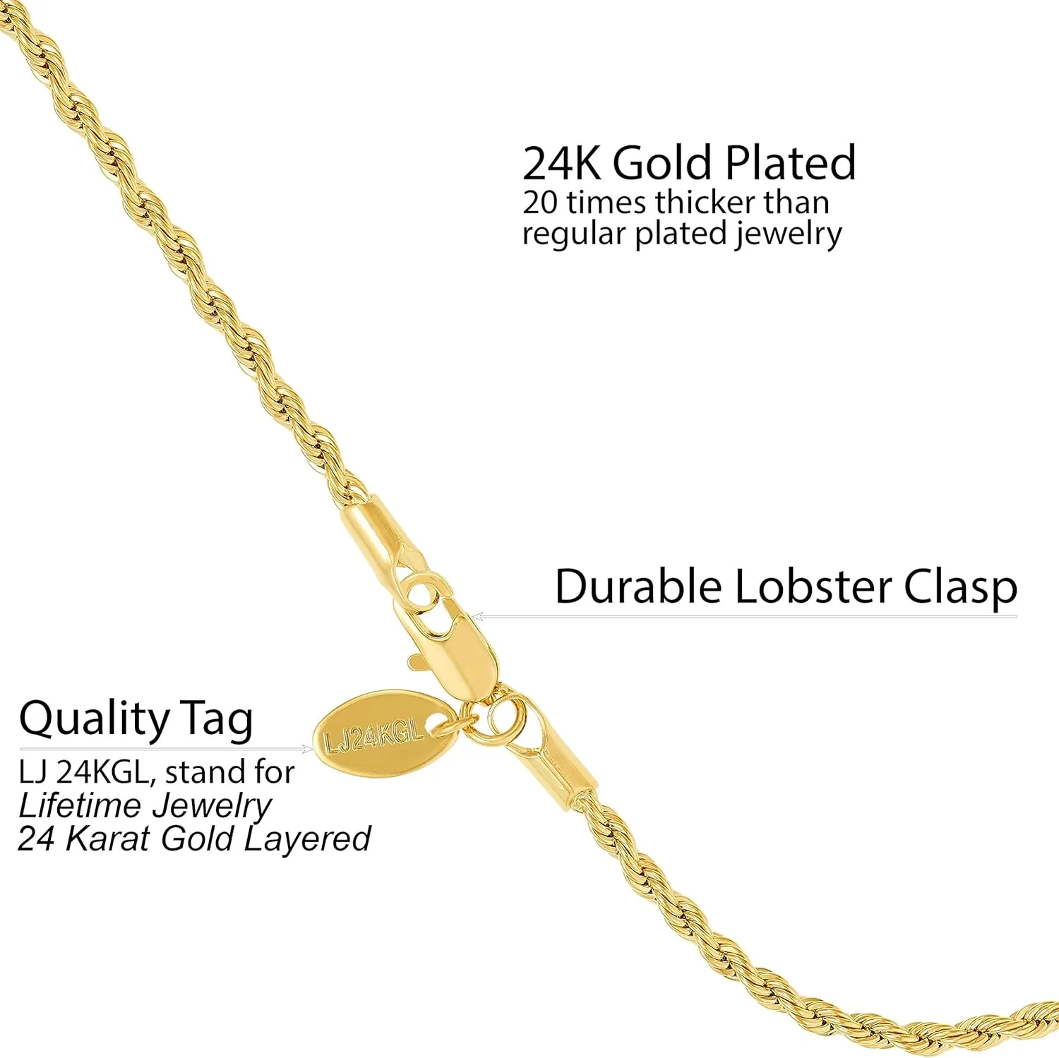 LIFETIME JEWELRY Womens Gold Anklet 2mm Rope Chain Ankle Bracelet 24k Real Gold Plated