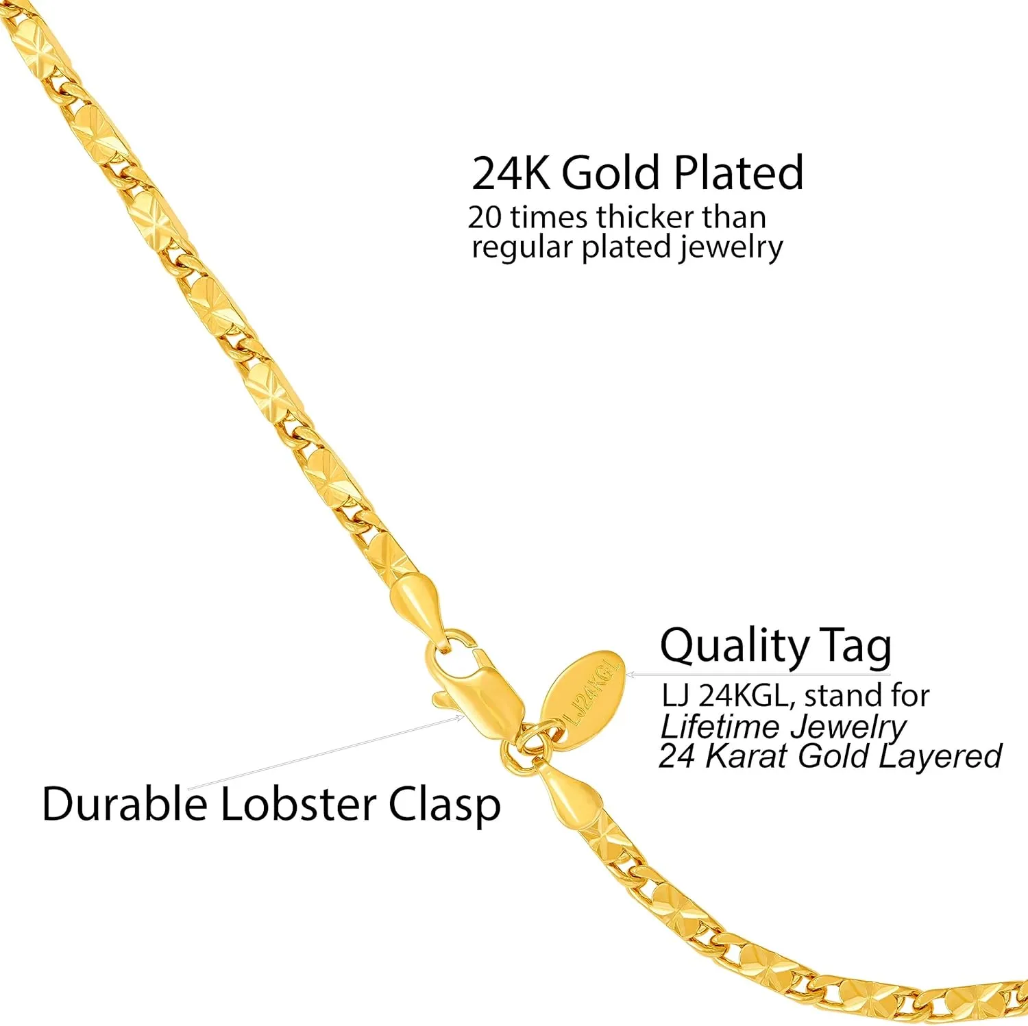 LIFETIME JEWELRY Womens Gold Anklet 4mm Diamond Cut Star Flat Link Chain Ankle Bracelet 24k Gold Plated