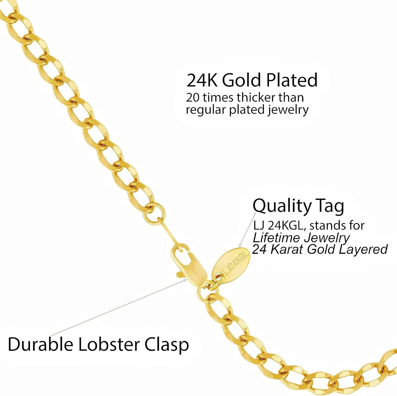 LIFETIME JEWELRY Womens Gold Anklet Diamond Cut Curb Link Ankle Bracelet 24k Gold Plated