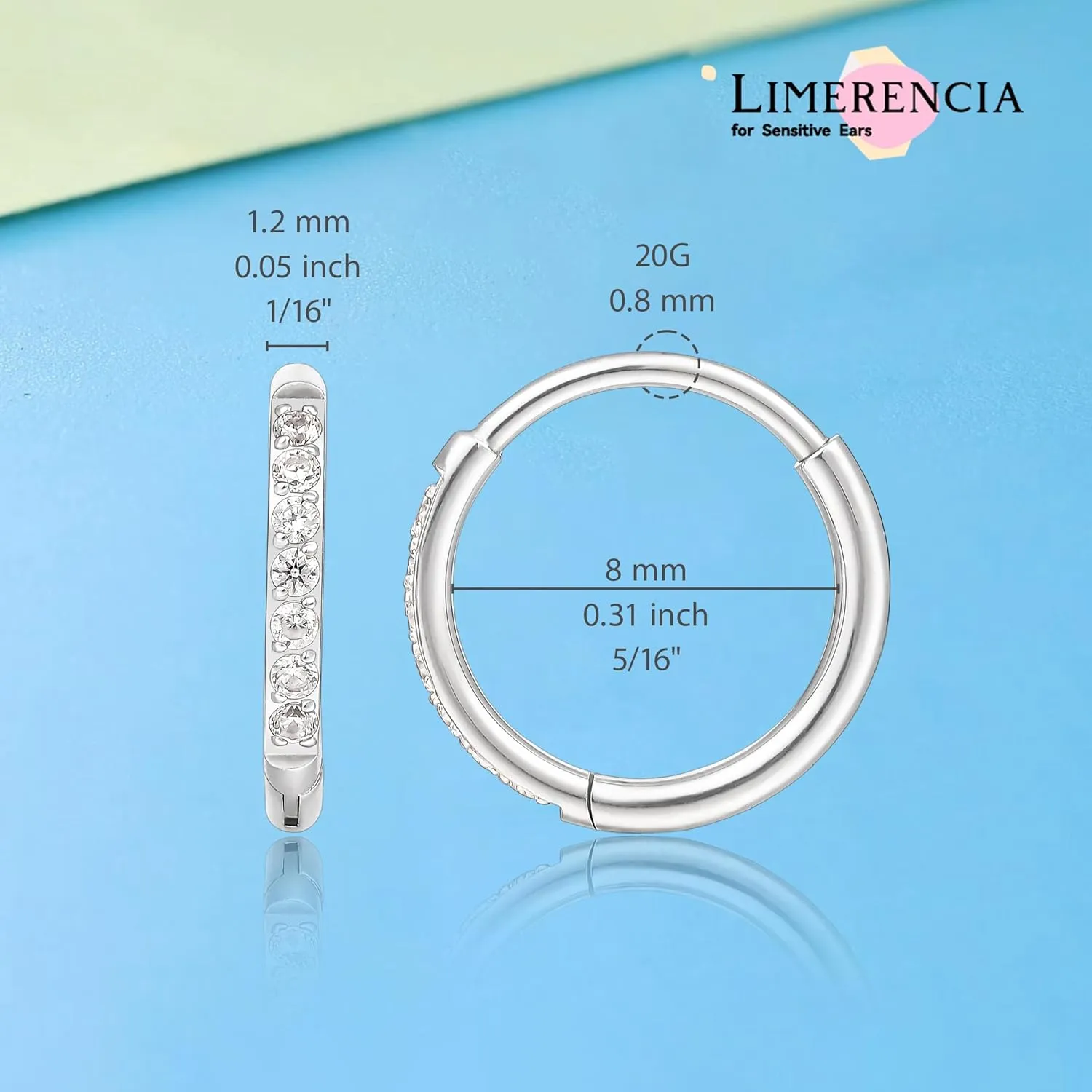 Limerencia Small Hoop Earrings for Women, Hypoallergenic Titanium Huggie Hoop Earrings Set G23 Piercings Cartilage Earrings Set for Women Sensitive Ears (White CZ Silver, 8mm)