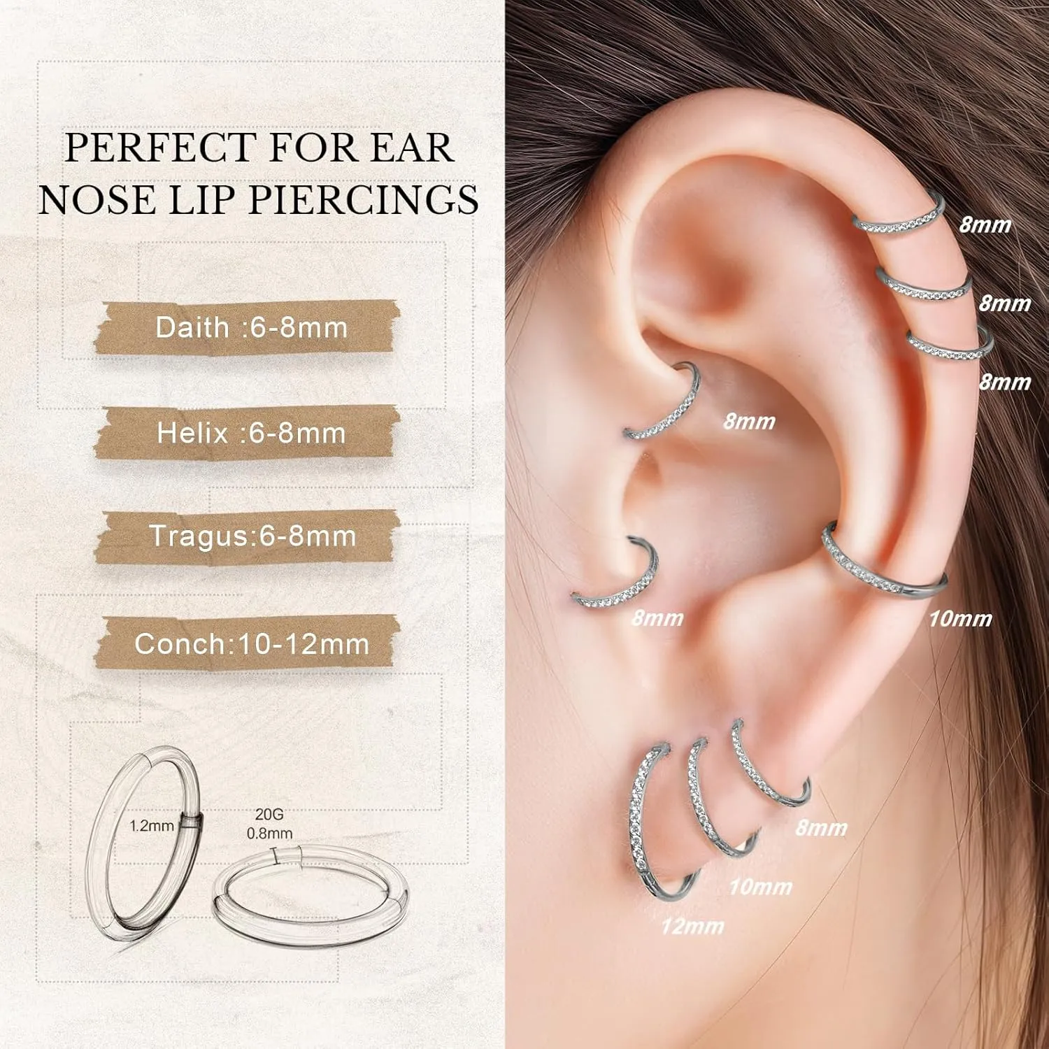 Limerencia Small Hoop Earrings for Women, Hypoallergenic Titanium Huggie Hoop Earrings Set G23 Piercings Cartilage Earrings Set for Women Sensitive Ears (White CZ Silver, 8mm)