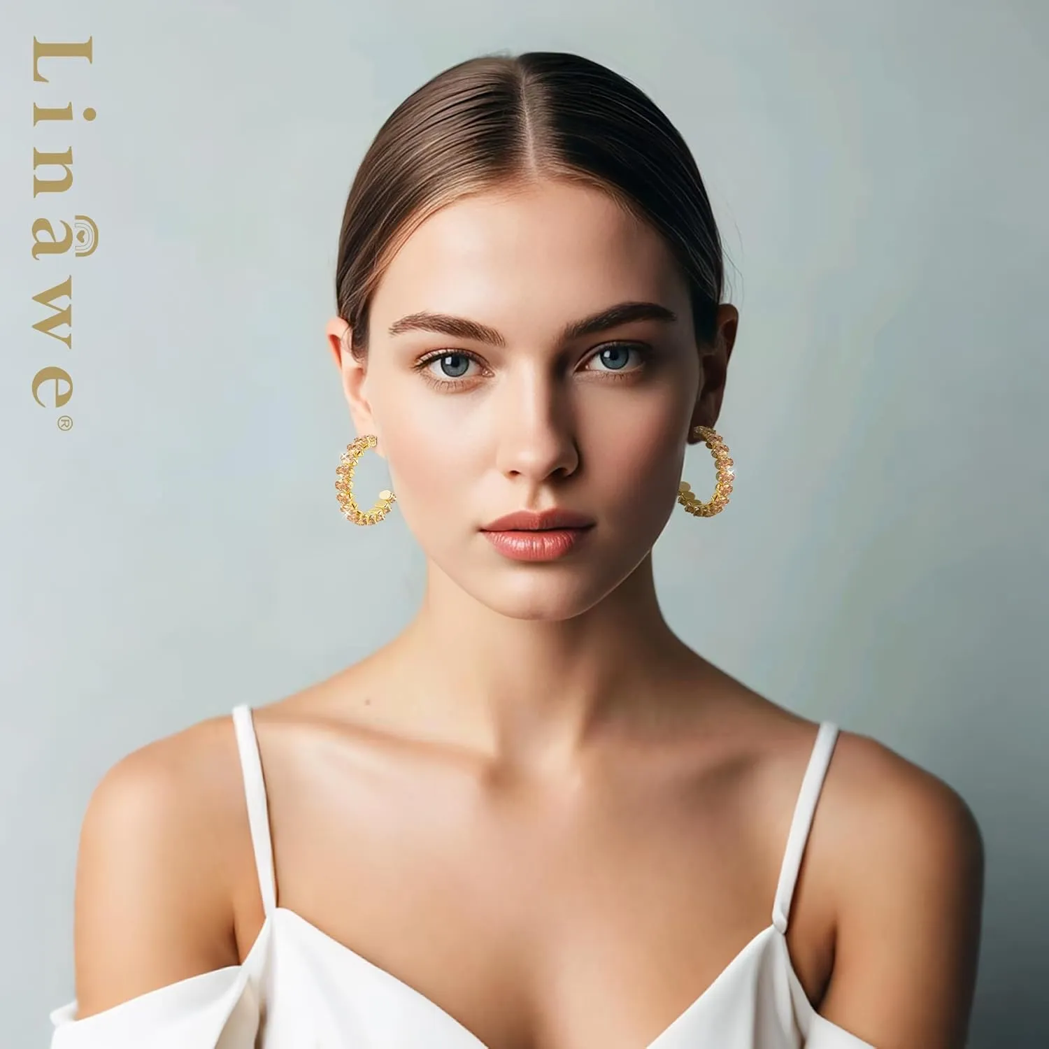 Linawe Hypoallergenic Stainless Steel Chunky Hoop Earrings for Women, Gold/Silver Tones, Birthstone Rhinestone Imitation Diamond Crystal Cubic Zirconia Large Half Hoop Earrings
