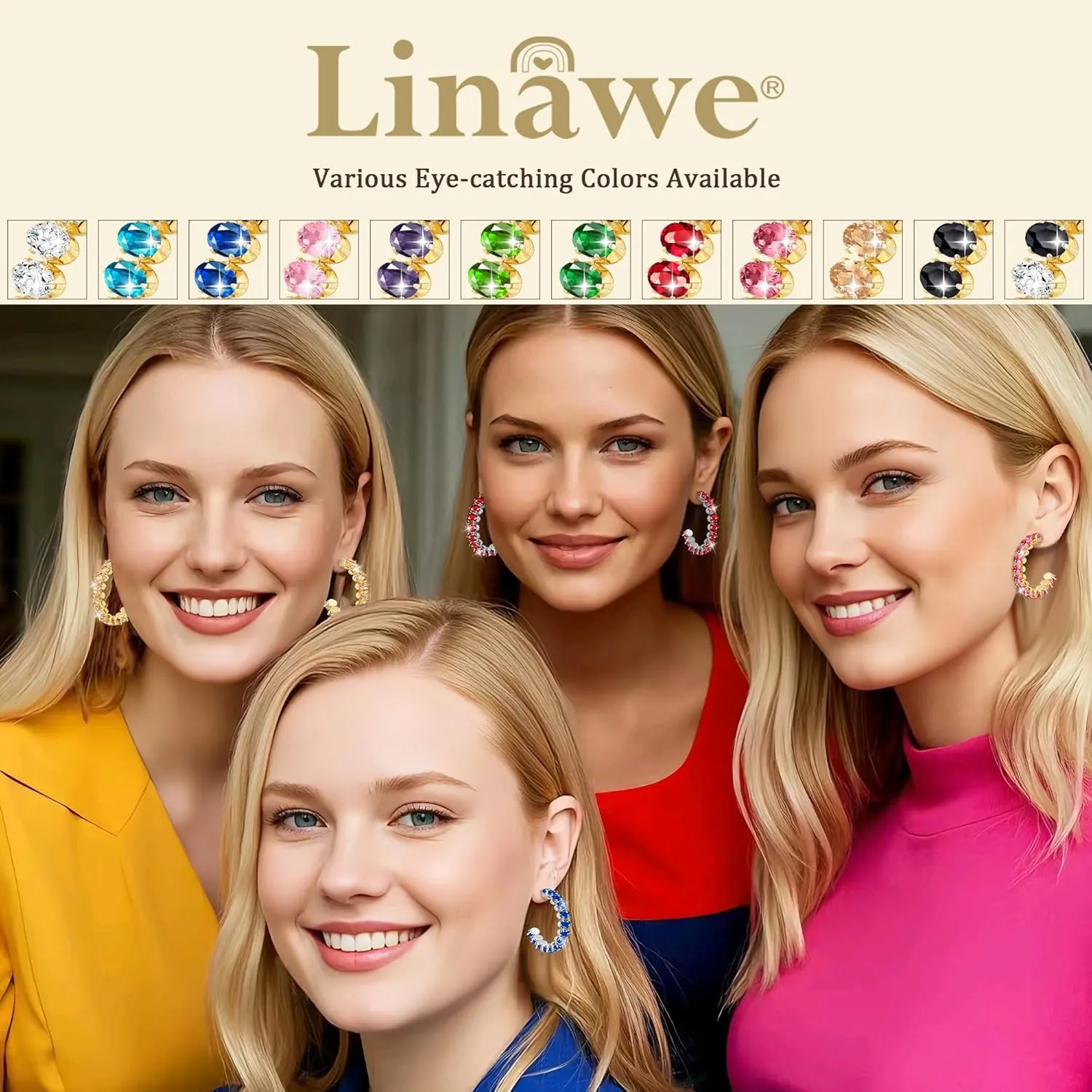 Linawe Hypoallergenic Stainless Steel Chunky Hoop Earrings for Women, Gold/Silver Tones, Birthstone Rhinestone Imitation Diamond Crystal Cubic Zirconia Large Half Hoop Earrings