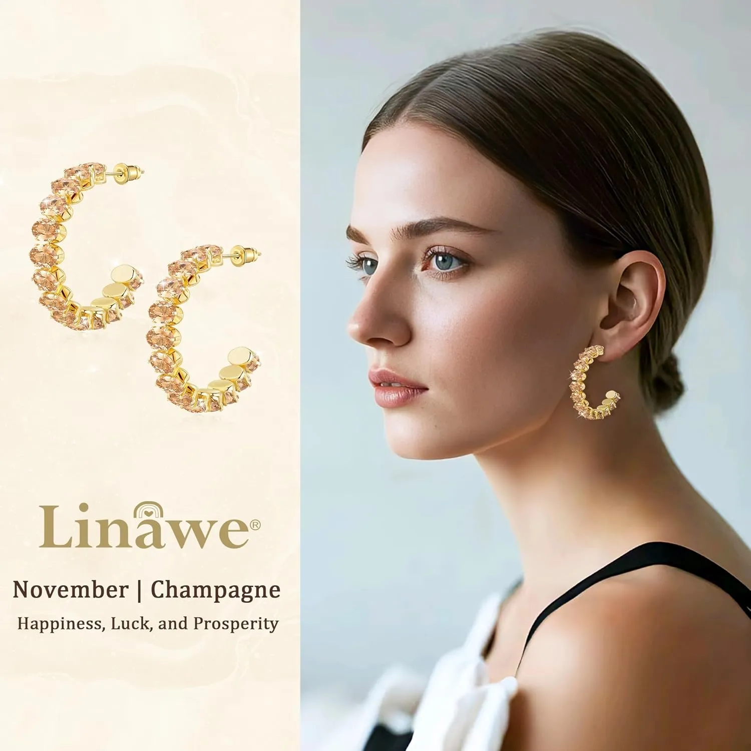 Linawe Hypoallergenic Stainless Steel Chunky Hoop Earrings for Women, Gold/Silver Tones, Birthstone Rhinestone Imitation Diamond Crystal Cubic Zirconia Large Half Hoop Earrings