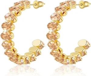 Linawe Hypoallergenic Stainless Steel Chunky Hoop Earrings for Women, Gold/Silver Tones, Birthstone Rhinestone Imitation Diamond Crystal Cubic Zirconia Large Half Hoop Earrings