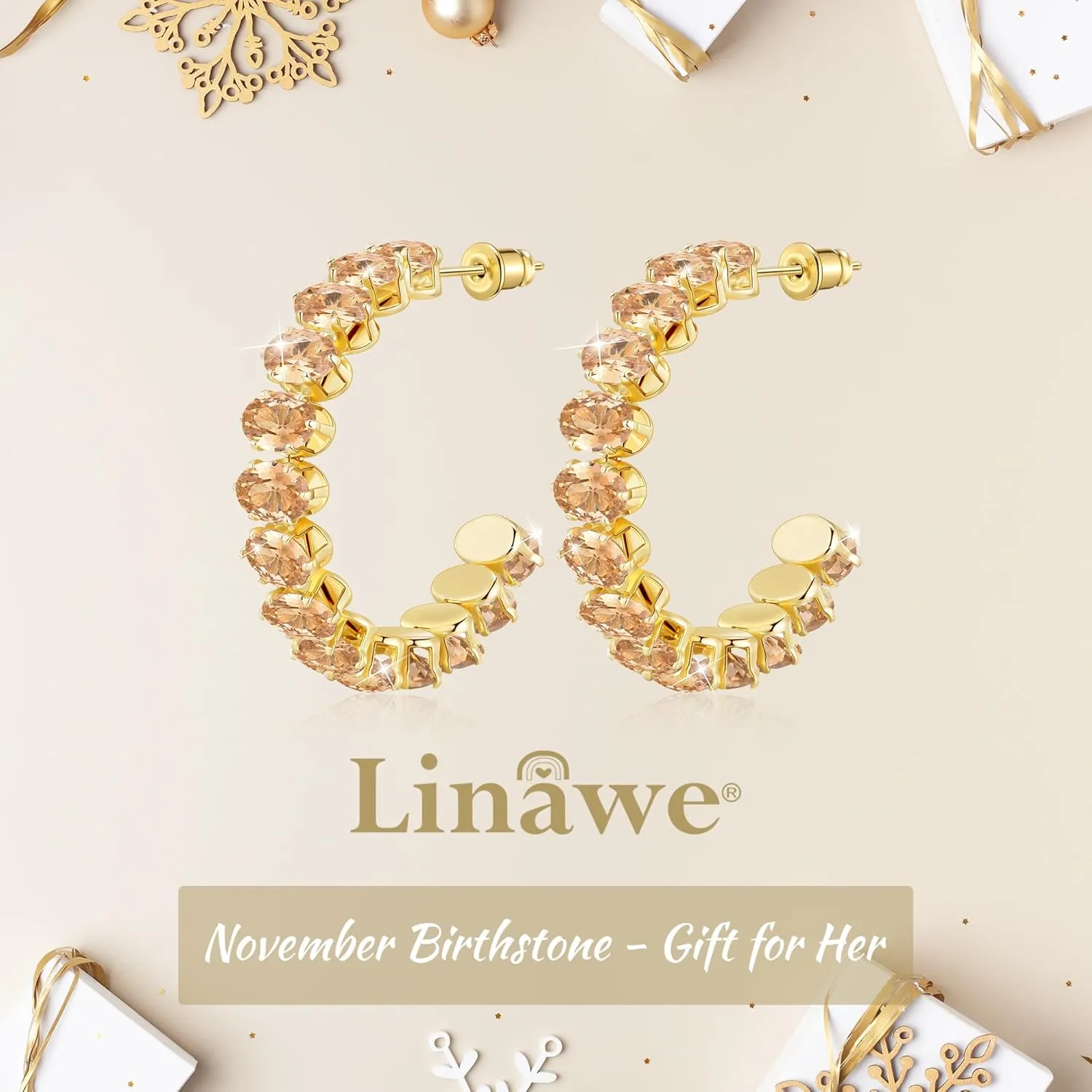 Linawe Hypoallergenic Stainless Steel Chunky Hoop Earrings for Women, Gold/Silver Tones, Birthstone Rhinestone Imitation Diamond Crystal Cubic Zirconia Large Half Hoop Earrings