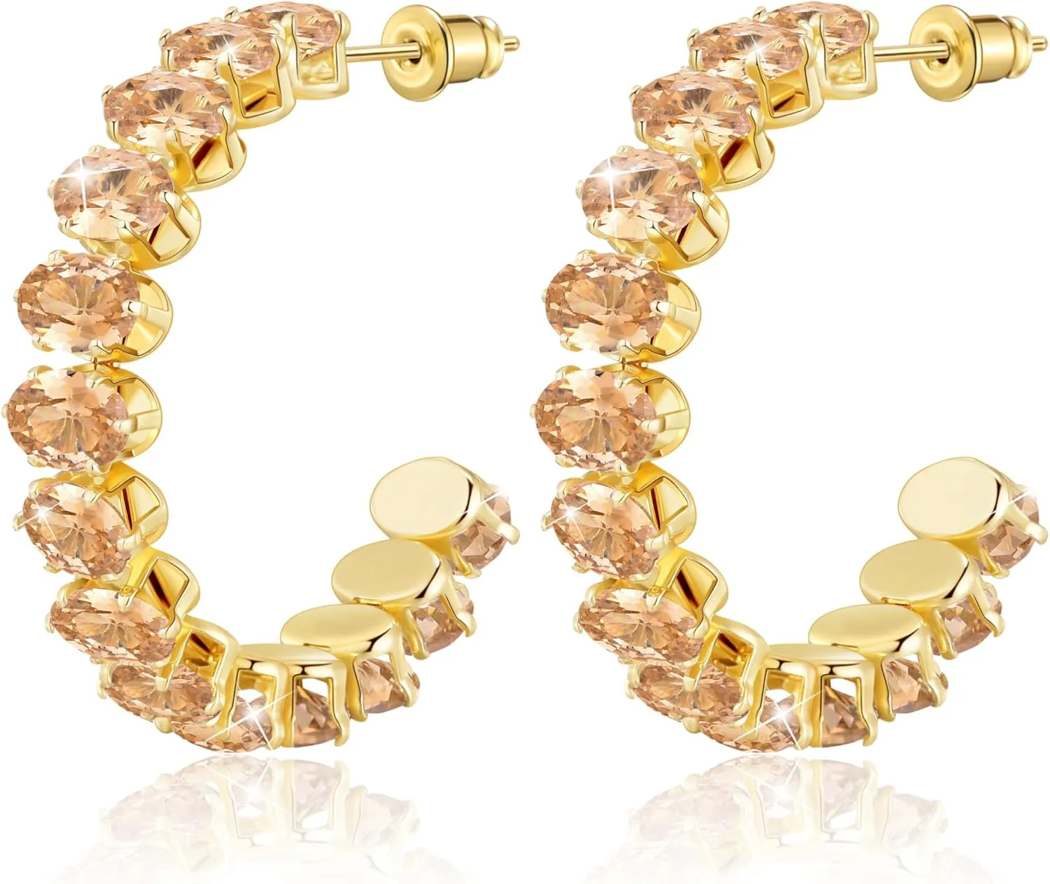 Linawe Hypoallergenic Stainless Steel Chunky Hoop Earrings for Women, Gold/Silver Tones, Birthstone Rhinestone Imitation Diamond Crystal Cubic Zirconia Large Half Hoop Earrings