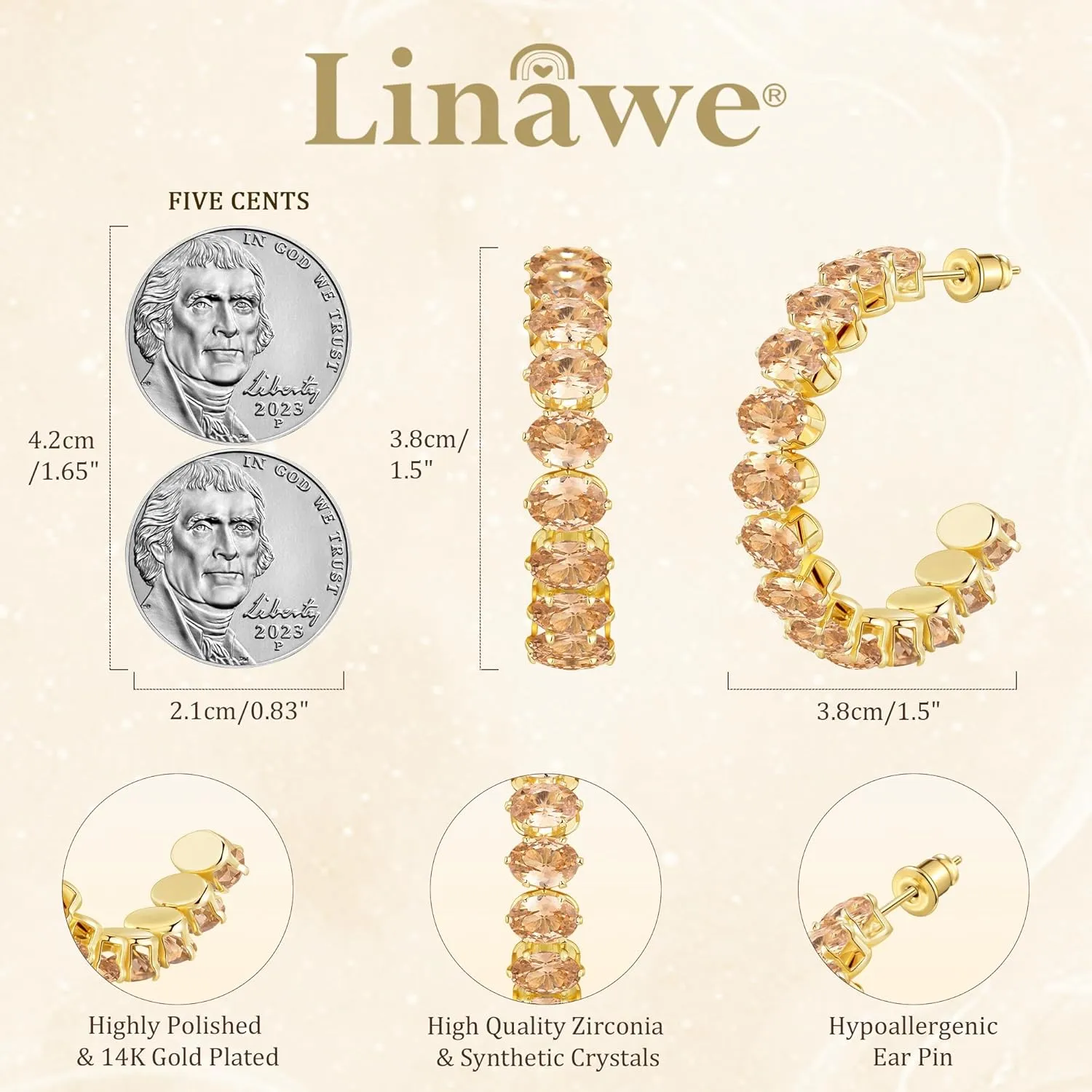 Linawe Hypoallergenic Stainless Steel Chunky Hoop Earrings for Women, Gold/Silver Tones, Birthstone Rhinestone Imitation Diamond Crystal Cubic Zirconia Large Half Hoop Earrings