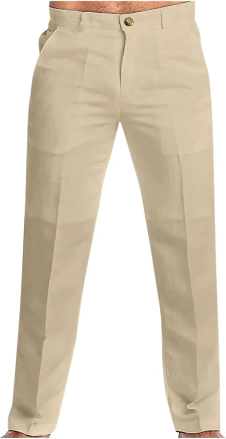 Linen Pants for Men Lightweight Beach Casual Yoga Pants Summer Vacation Hawaiian Slacks Plain Straight Leg Trousers
