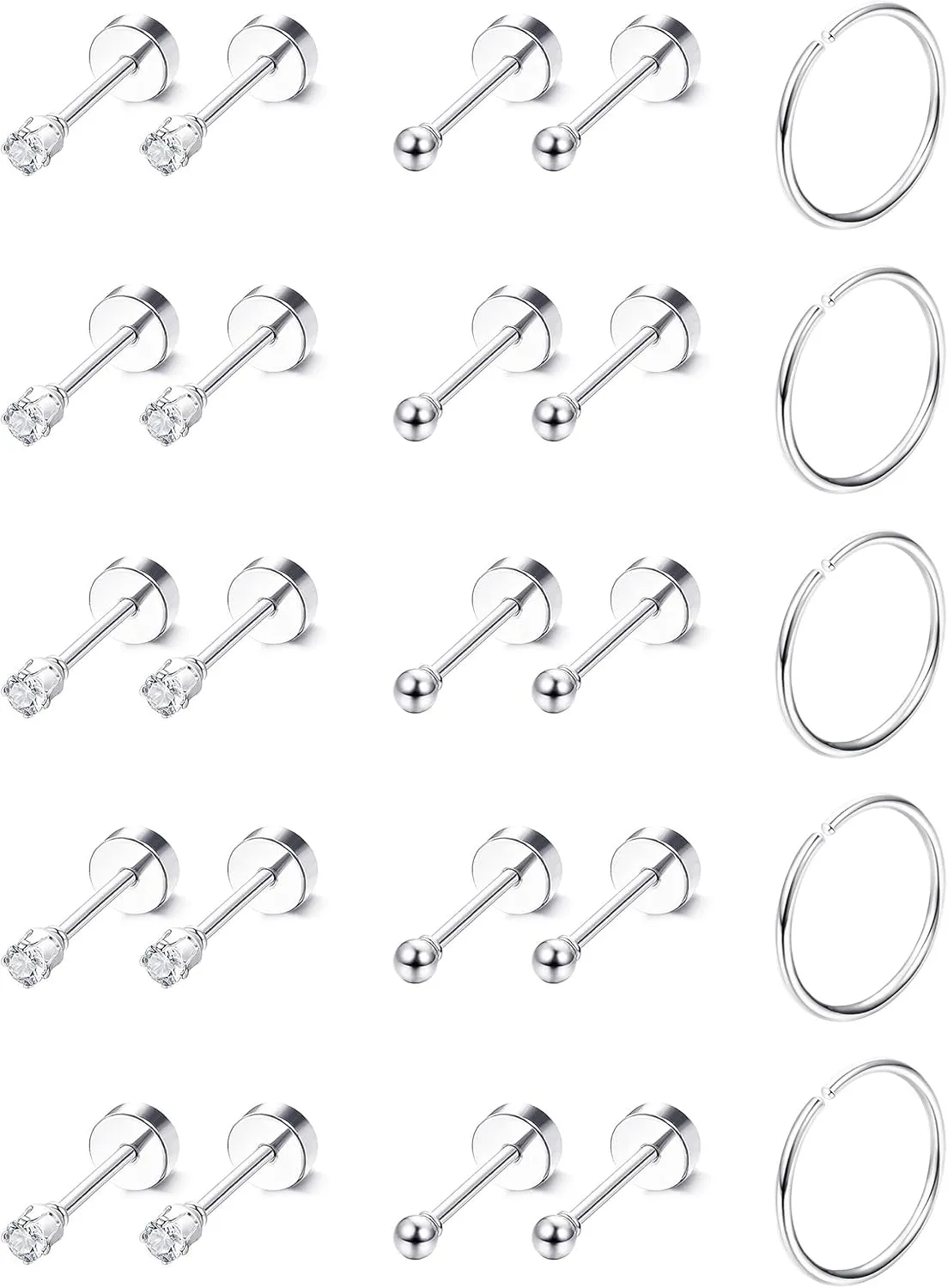 LOLIAS 15 Pairs Tiny Surgical Steel Gold Stud Earrings, Comfortable Screw Back Flat Back Earrings with CZ Dot Ball Stones, 2mm, 20G