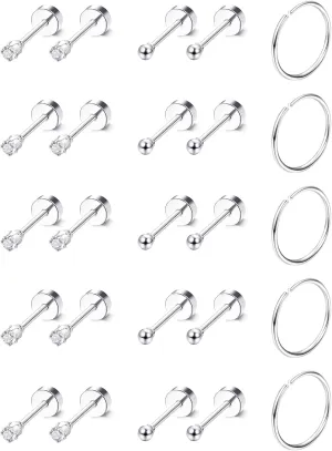 LOLIAS 15 Pairs Tiny Surgical Steel Gold Stud Earrings, Comfortable Screw Back Flat Back Earrings with CZ Dot Ball Stones, 2mm, 20G