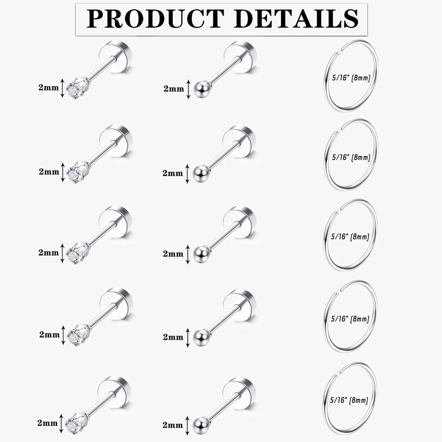 LOLIAS 15 Pairs Tiny Surgical Steel Gold Stud Earrings, Comfortable Screw Back Flat Back Earrings with CZ Dot Ball Stones, 2mm, 20G
