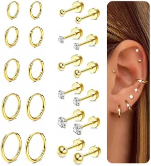 LOLIAS Small Hypoallergenic Flat Back Stud Earrings for Women Men 14K Gold Plated Surgical Stainless Steel Earring Sets Tiny Screw Back Cartilage Earring