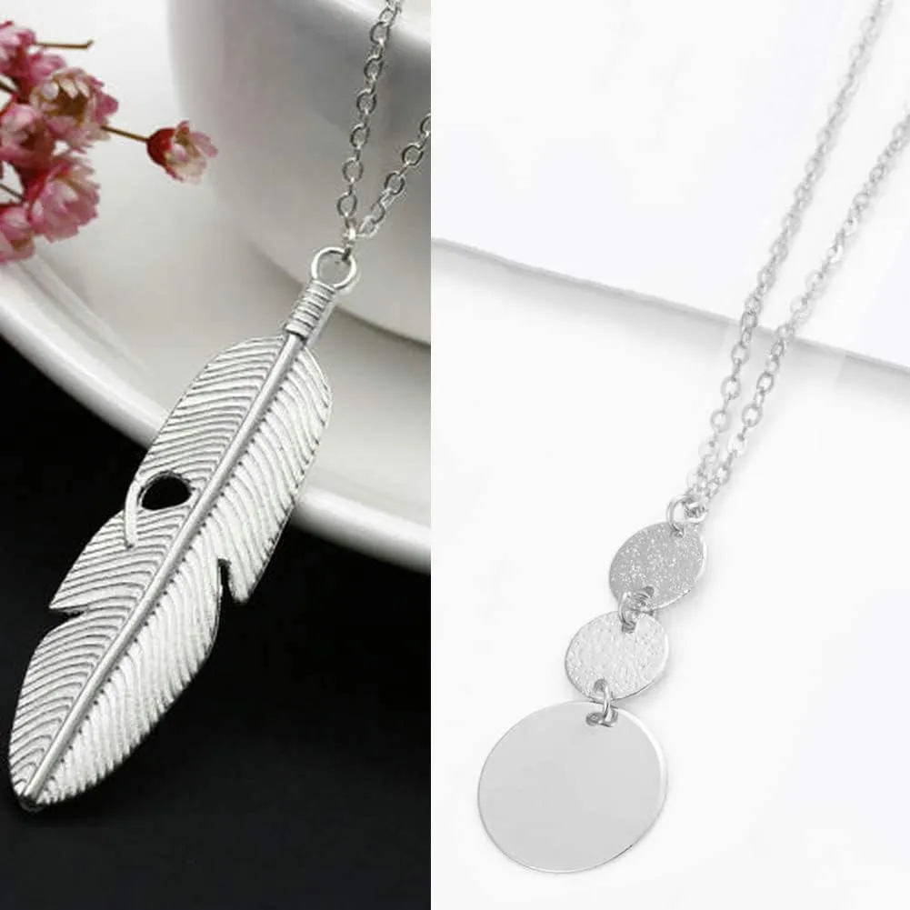 Long Necklaces for Women - Fashion Pendant Necklace Jewelry, Silver Bar Feather Circle Leaf Lock Tassel Y Necklace Jewelry Set for Girls