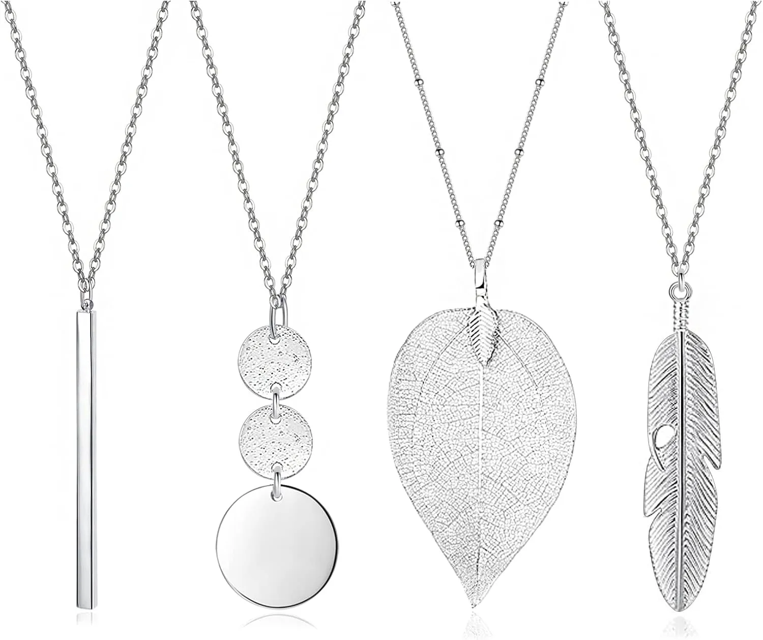 Long Necklaces for Women - Fashion Pendant Necklace Jewelry, Silver Bar Feather Circle Leaf Lock Tassel Y Necklace Jewelry Set for Girls