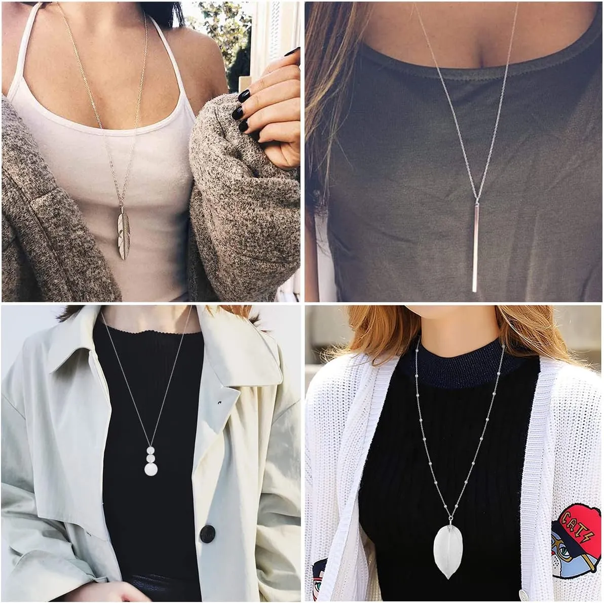 Long Necklaces for Women - Fashion Pendant Necklace Jewelry, Silver Bar Feather Circle Leaf Lock Tassel Y Necklace Jewelry Set for Girls