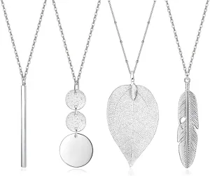 Long Necklaces for Women - Fashion Pendant Necklace Jewelry, Silver Bar Feather Circle Leaf Lock Tassel Y Necklace Jewelry Set for Girls