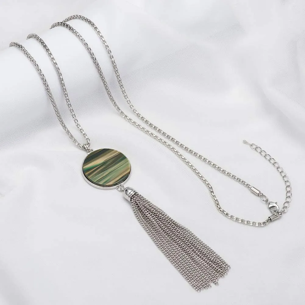 Long Tassel Pendant Necklaces For Women - Faux Pearl Necklace with Silver Chain, Fashion Jewelry For Lady