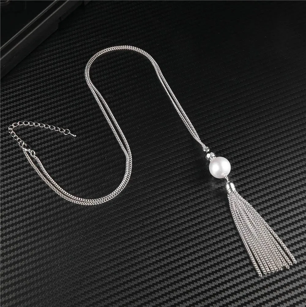 Long Tassel Pendant Necklaces For Women - Faux Pearl Necklace with Silver Chain, Fashion Jewelry For Lady