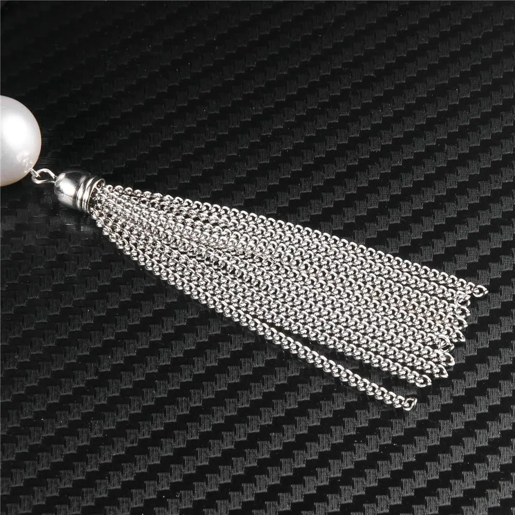 Long Tassel Pendant Necklaces For Women - Faux Pearl Necklace with Silver Chain, Fashion Jewelry For Lady