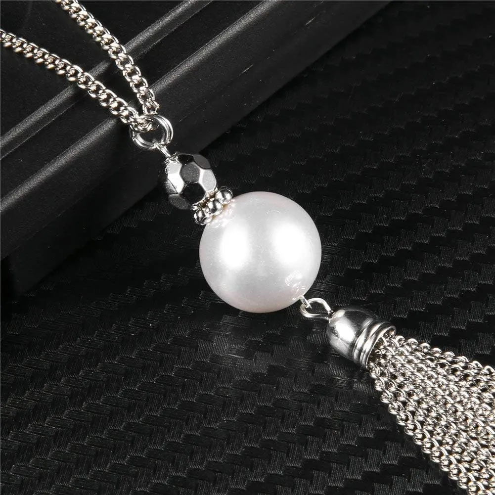 Long Tassel Pendant Necklaces For Women - Faux Pearl Necklace with Silver Chain, Fashion Jewelry For Lady