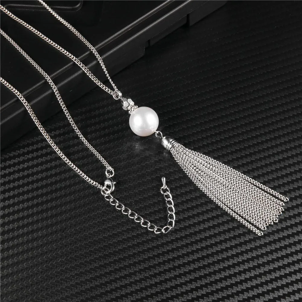 Long Tassel Pendant Necklaces For Women - Faux Pearl Necklace with Silver Chain, Fashion Jewelry For Lady