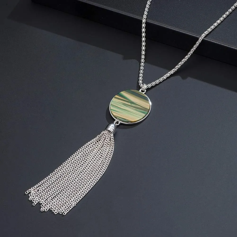 Long Tassel Pendant Necklaces For Women - Faux Pearl Necklace with Silver Chain, Fashion Jewelry For Lady
