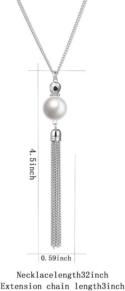 Long Tassel Pendant Necklaces For Women - Faux Pearl Necklace with Silver Chain, Fashion Jewelry For Lady