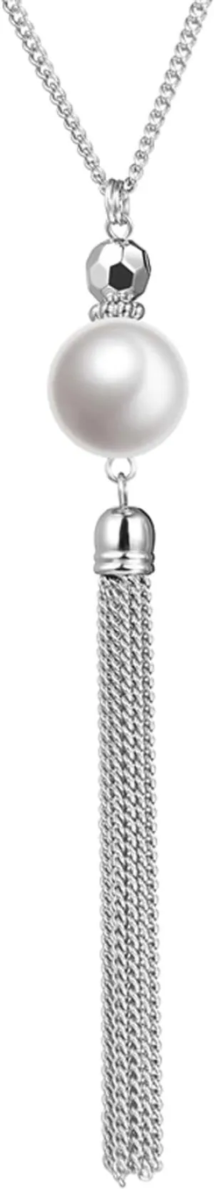 Long Tassel Pendant Necklaces For Women - Faux Pearl Necklace with Silver Chain, Fashion Jewelry For Lady