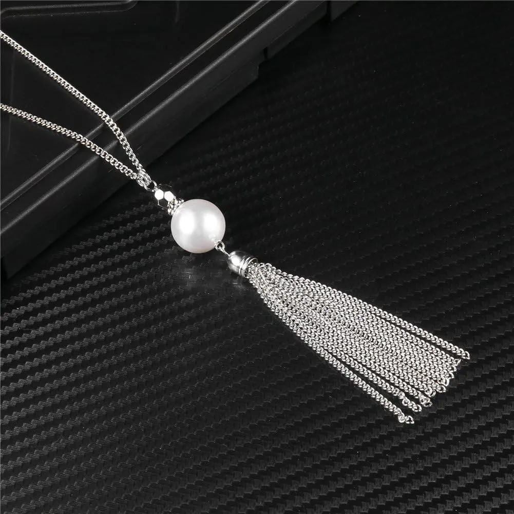 Long Tassel Pendant Necklaces For Women - Faux Pearl Necklace with Silver Chain, Fashion Jewelry For Lady