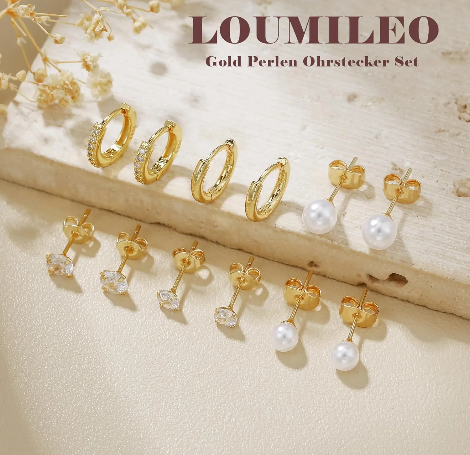 LOUMILEO 6 Pairs Pearl Earrings Set Hypoallergenic Small Sterling Silver Stud Earrings for Women Man 3-10MM Tiny Cartilage Piercing Pearl Studs for Multiple Piercing