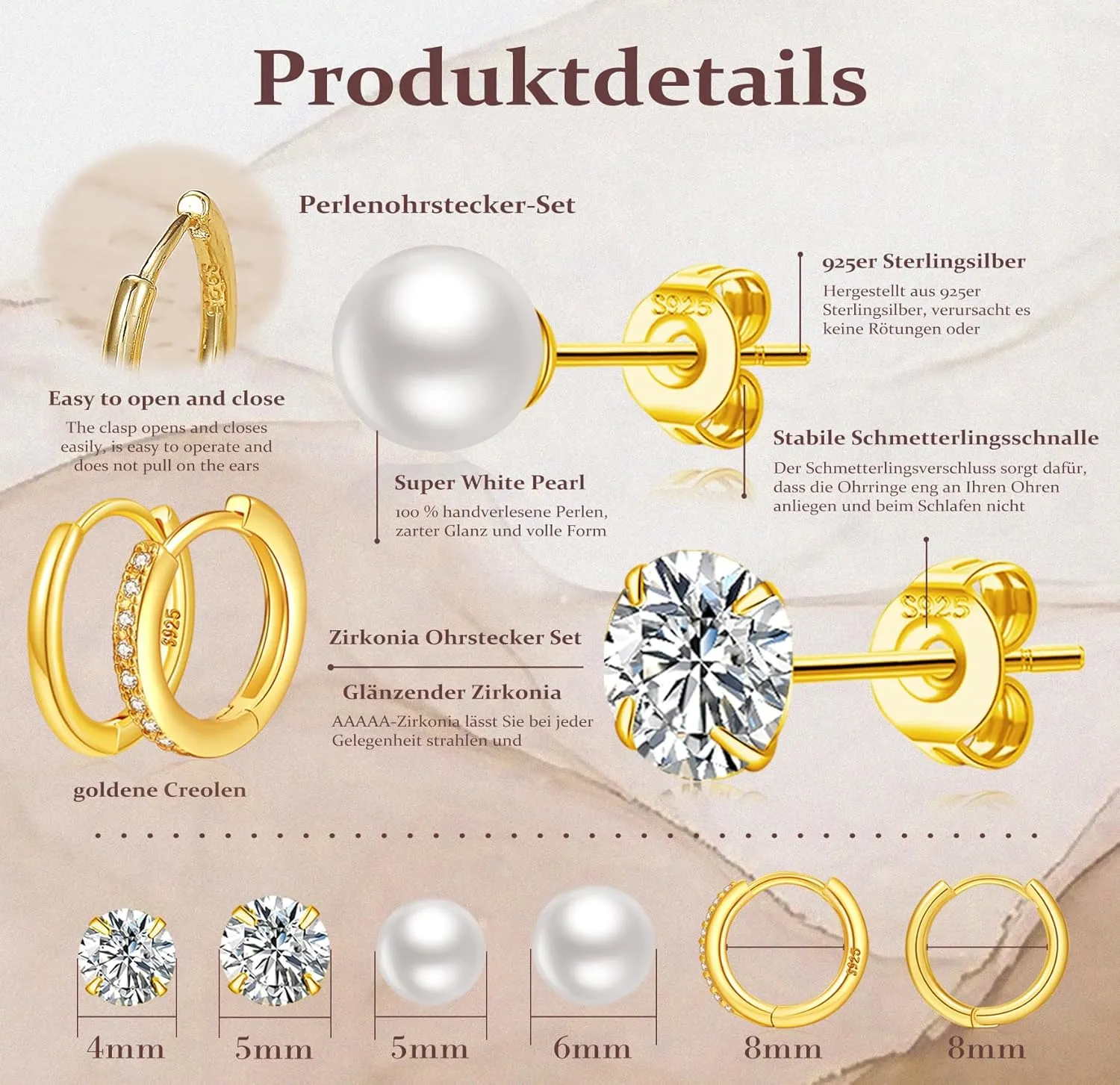 LOUMILEO 6 Pairs Pearl Earrings Set Hypoallergenic Small Sterling Silver Stud Earrings for Women Man 3-10MM Tiny Cartilage Piercing Pearl Studs for Multiple Piercing