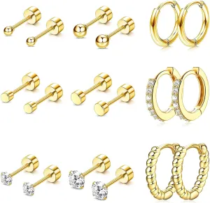 LOYALLOOK 14K Gold Plated Flat Back Earrings for Women Men Gold Cartilage Earring Sets for Multiple Piercing 20G Stainless Steel Earrings Hypoallergenic Small Hoop Ball CZ Flatback Stud Earrings