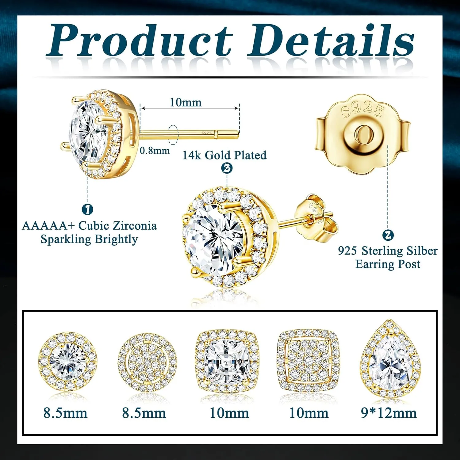 LOYALLOOK Cubic Zirconia Stud Earrings for Women Men Simulated Diamond CZ Halo Stud Earrings Round Square Iced Out Earrings 18K Gold Plated Hypoallergenic 925 Sterling Silver Post Earrings Set