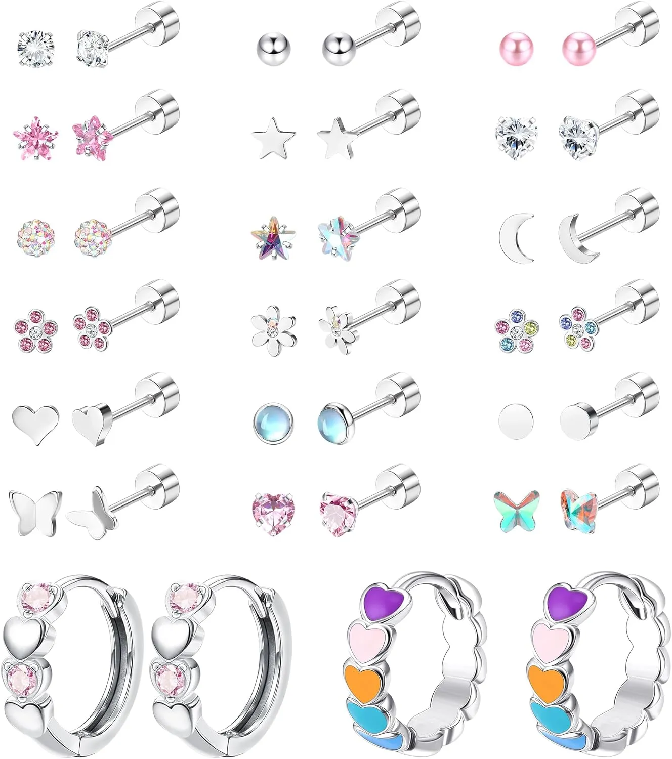 LOYALLOOK Screw Back Earrings Stud for Women Surgical Steel Hypoallergenic Cartilage Stud Earrings Tiny Opal CZ Screwback Flat Back Stud Earrings Cute Heart Hoop Earrings Set 20G Over 3 Years Old