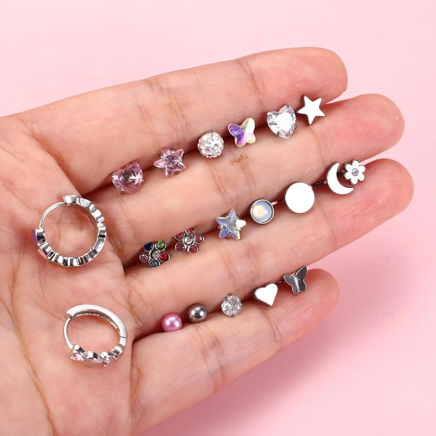 LOYALLOOK Screw Back Earrings Stud for Women Surgical Steel Hypoallergenic Cartilage Stud Earrings Tiny Opal CZ Screwback Flat Back Stud Earrings Cute Heart Hoop Earrings Set 20G Over 3 Years Old