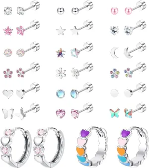 LOYALLOOK Screw Back Earrings Stud for Women Surgical Steel Hypoallergenic Cartilage Stud Earrings Tiny Opal CZ Screwback Flat Back Stud Earrings Cute Heart Hoop Earrings Set 20G Over 3 Years Old