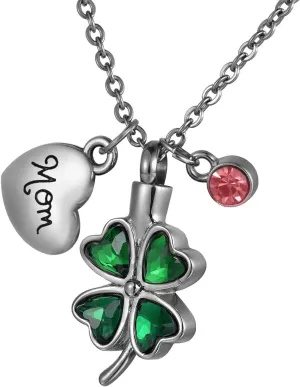 Lucky Four Leaf Clover Cremation Jewelry - Green Diamond Stainless Steel Urn Necklaces for Ashes (Customized-Lucky Four Leaf Clover)