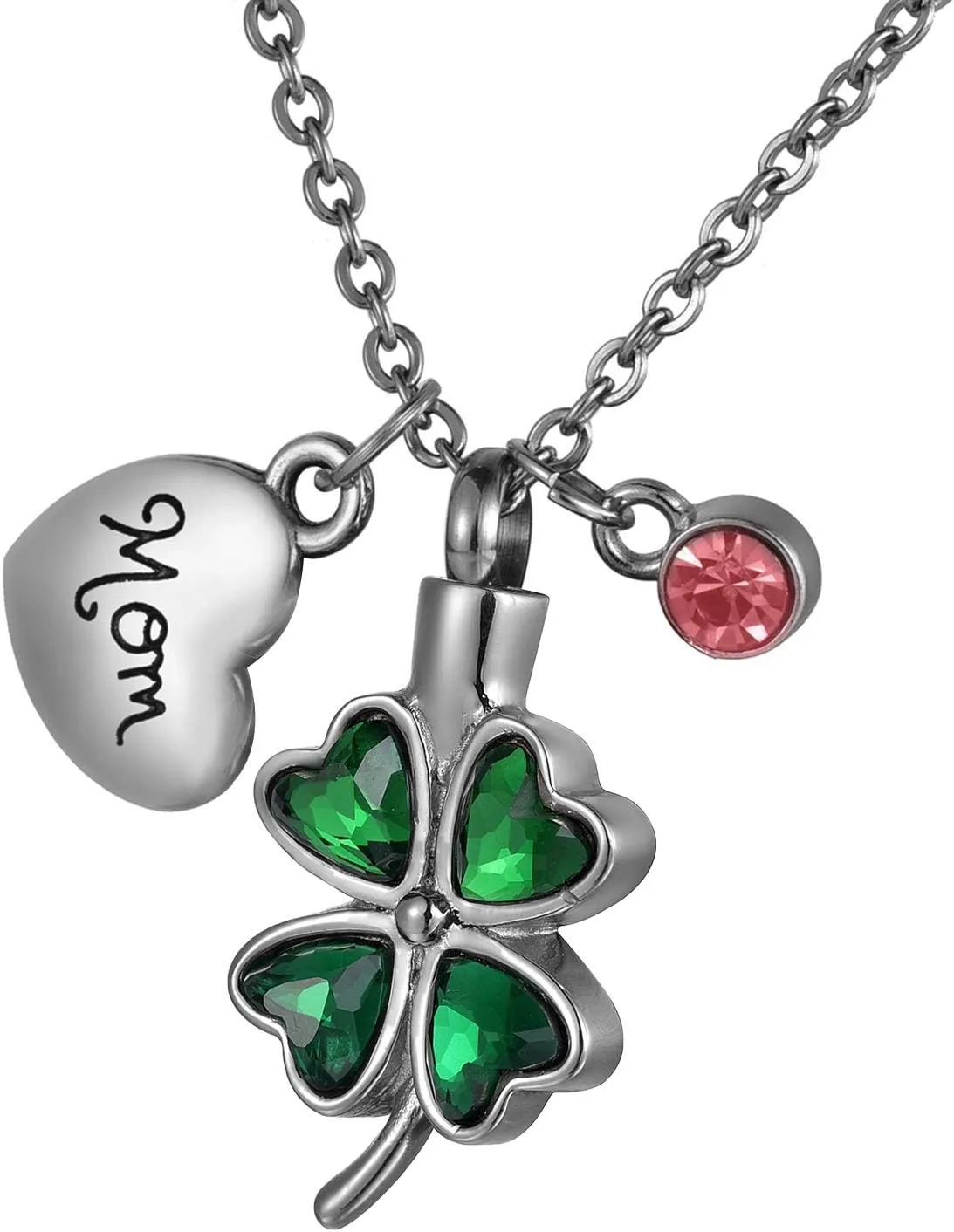 Lucky Four Leaf Clover Cremation Jewelry - Green Diamond Stainless Steel Urn Necklaces for Ashes (Customized-Lucky Four Leaf Clover)