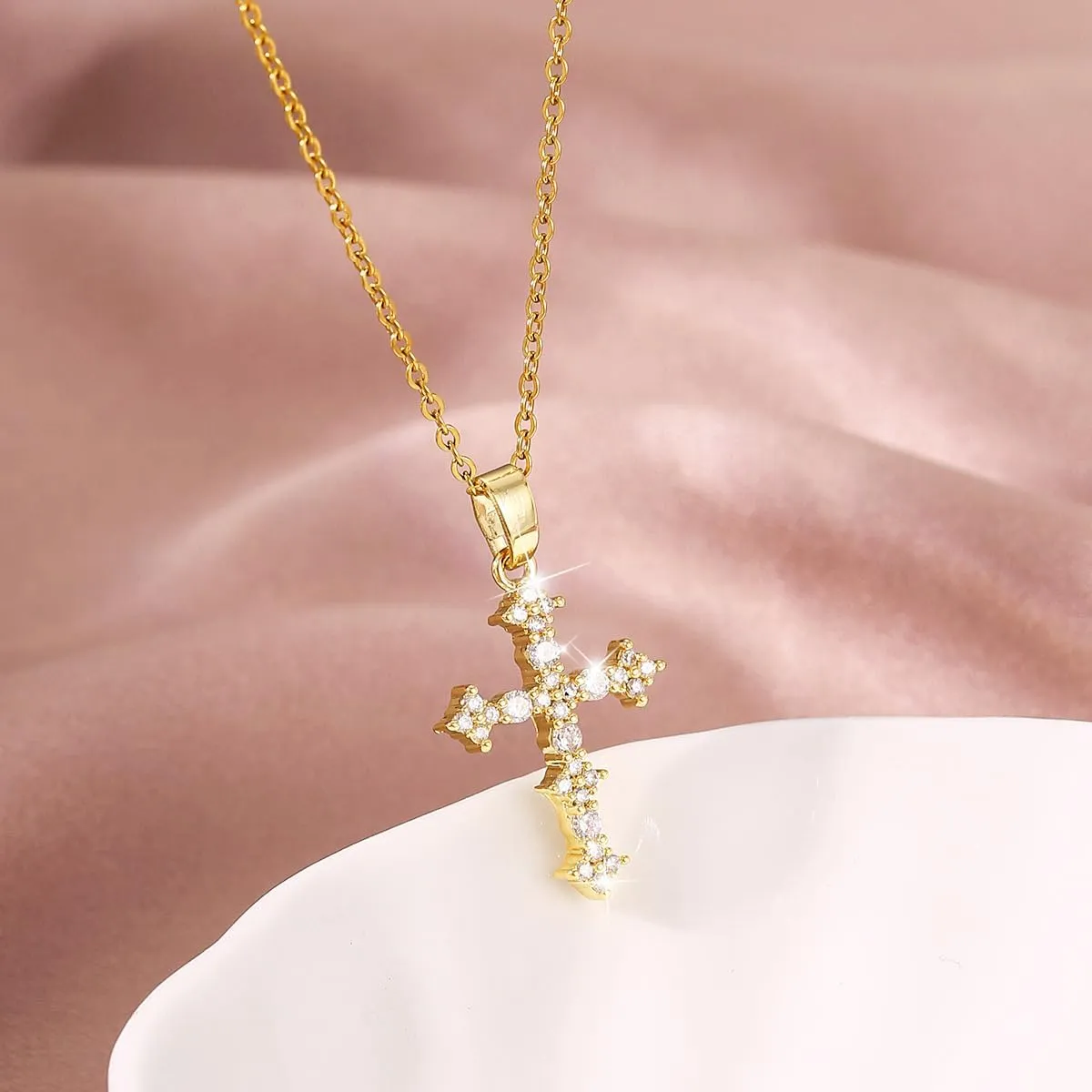 Lyvur Cross Necklace for Women 14 K Gold Plated Crystal Cross Necklaces Ribbon Pendant with Diamond for Women Trendy Jewelry Gifts